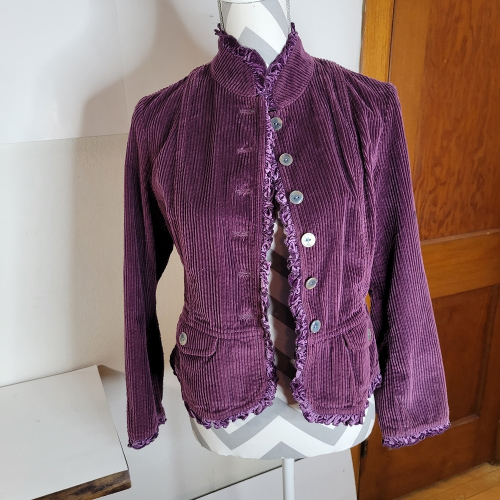 J Jill Purple Corduroy Crop Fitted Button Front Jacket Mandarin collar Size SP
